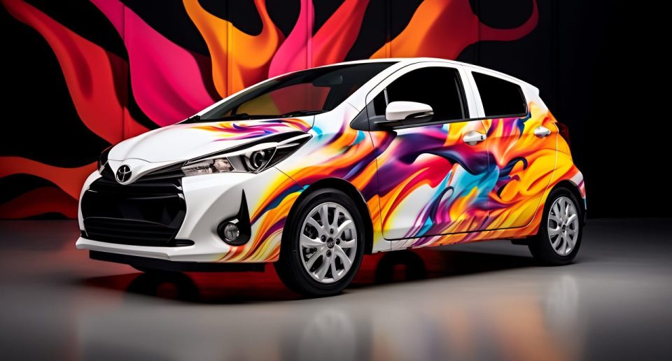 white hatchback car with colorful abstract design dark background scaled e1742761746737